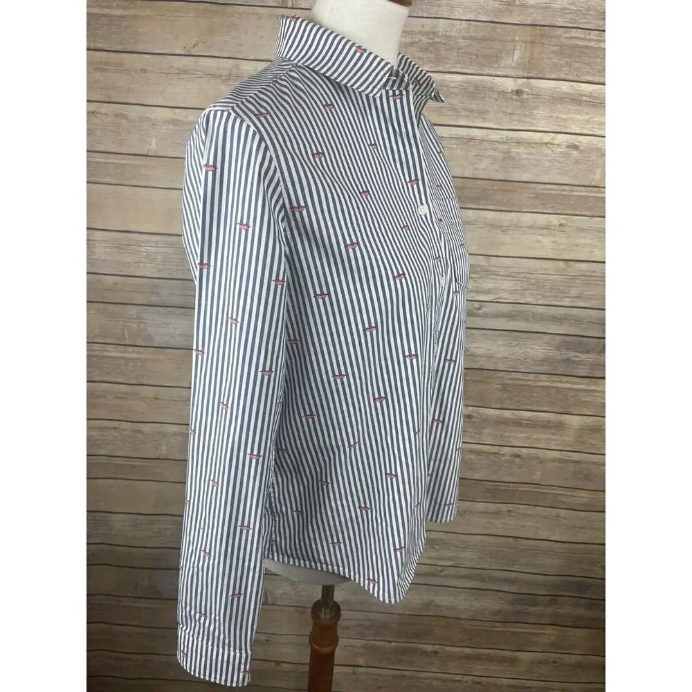 Banana Republic Small Quinn Boy Fit Button Up Striped Lip Print Blouse Blue Pink - Picture 8 of 11